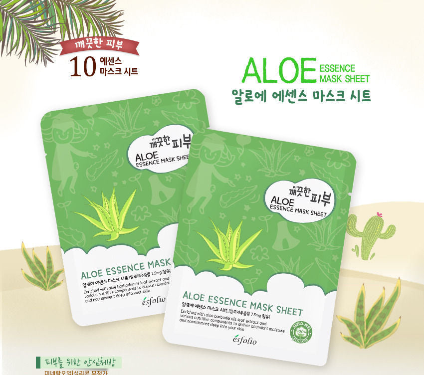 esfolio - Pure Skin Aloe Essence Mask Sheet Set 10pcs, 25ml x 10pcs, 343 g, 8809386883281