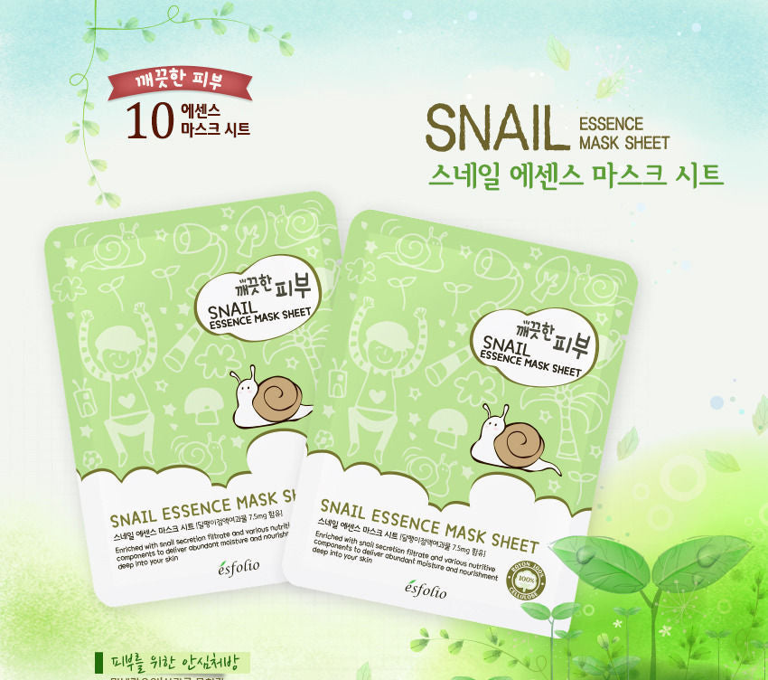 esfolio - Pure Skin Snail Essence Mask Sheet Set 10pcs, 25ml x 10pcs, 350 g, 8809386883274