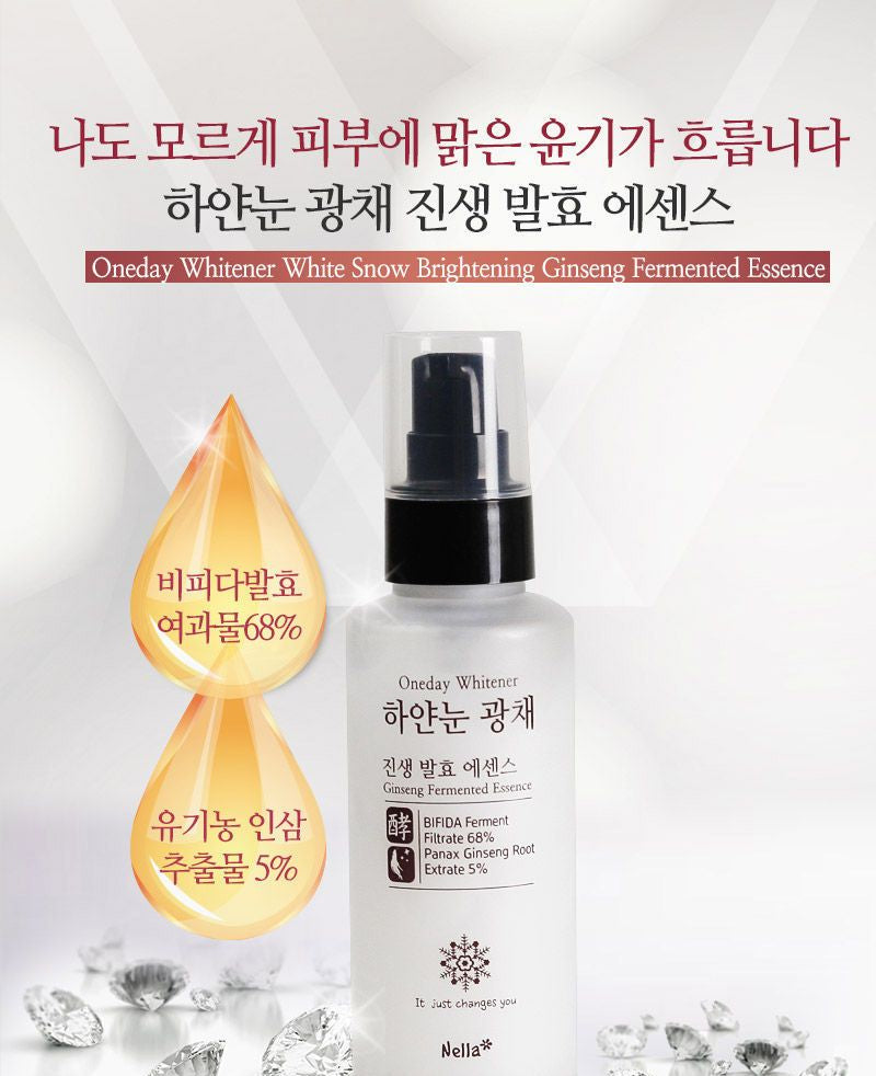 Nella - Oneday Whitener White Snow Brightening Ginseng Fermented Essence 100ml, 100ml, 141 g, 8809588580155