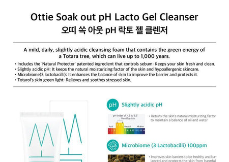 Ottie - Soak out pH Lacto Gel Cleanser, 100ml, 250 g, 8809708710097