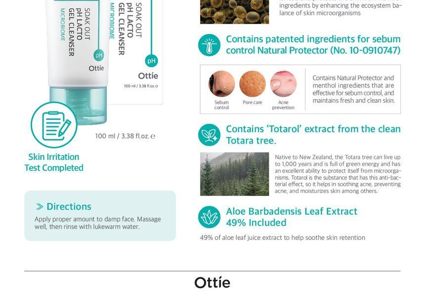 Ottie - Soak out pH Lacto Gel Cleanser, 100ml, 250 g, 8809708710097