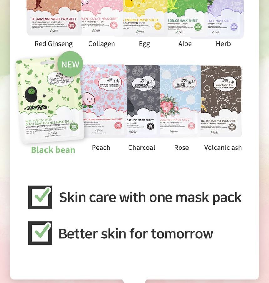 esfolio - Niacinamide With Black Bean Essence Mask Sheet Set, 10 sheets, 338 g, 8809589393273