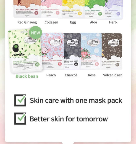 esfolio - Niacinamide With Black Bean Essence Mask Sheet Set, 10 sheets, 338 g, 8809589393273