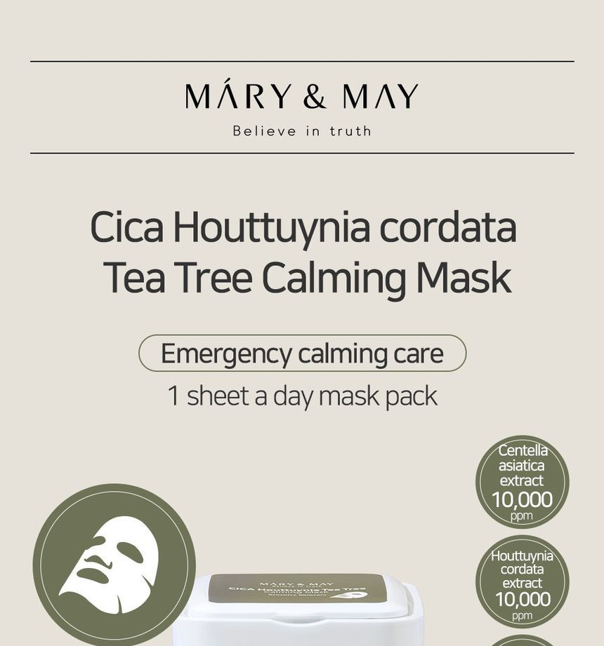 Mary&May - Cica Houttuynia Tea Tree Calming Mask, 30 sheets, 575 g, 8809670681395