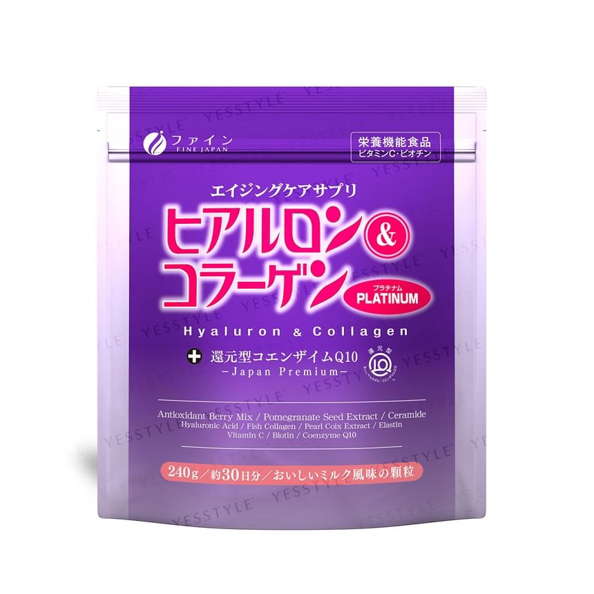 FINE JAPAN - Hyaluron & Collagen + Reduced Coenzyme Q10 Platinum Powder, 240g, 257 g, 4976652015609