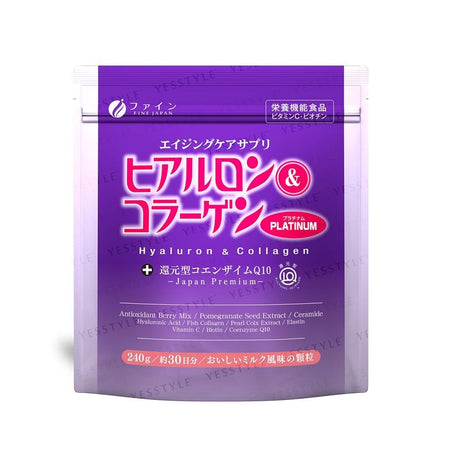 FINE JAPAN - Hyaluron & Collagen + Reduced Coenzyme Q10 Platinum Powder, 240g, 257 g, 4976652015609