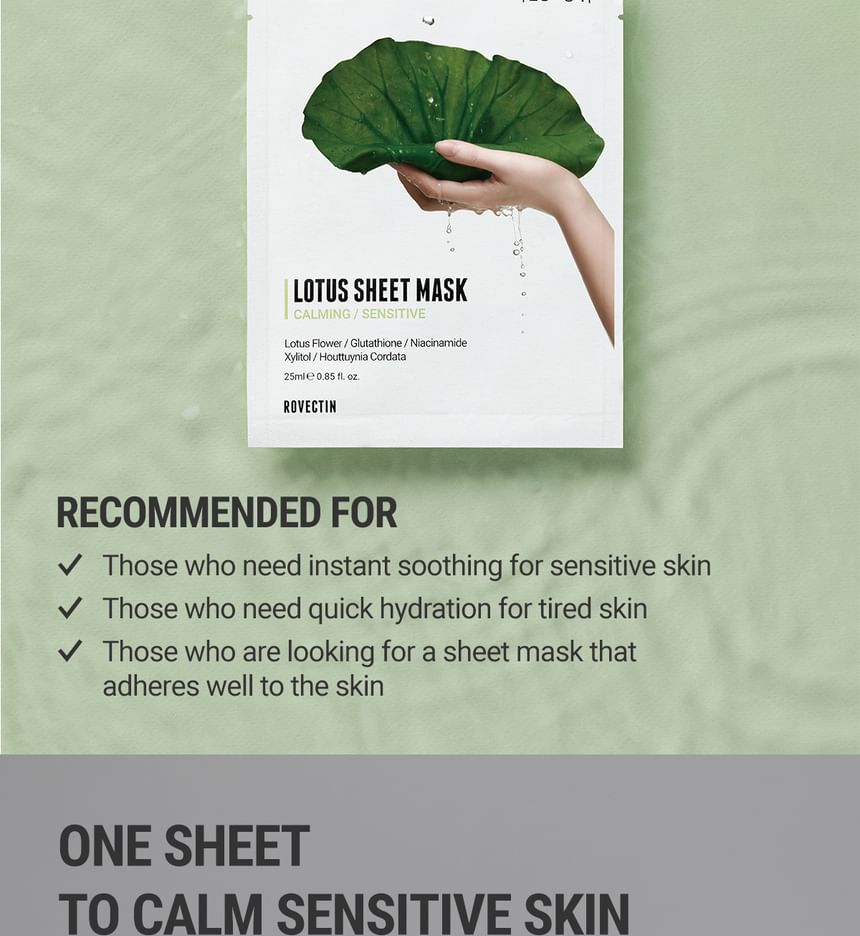 ROVECTIN - Calming Sensitive Lotus Sheet Mask Set, 2023 Version - 25ml x 5 sheets, 191 g, 8809348503523