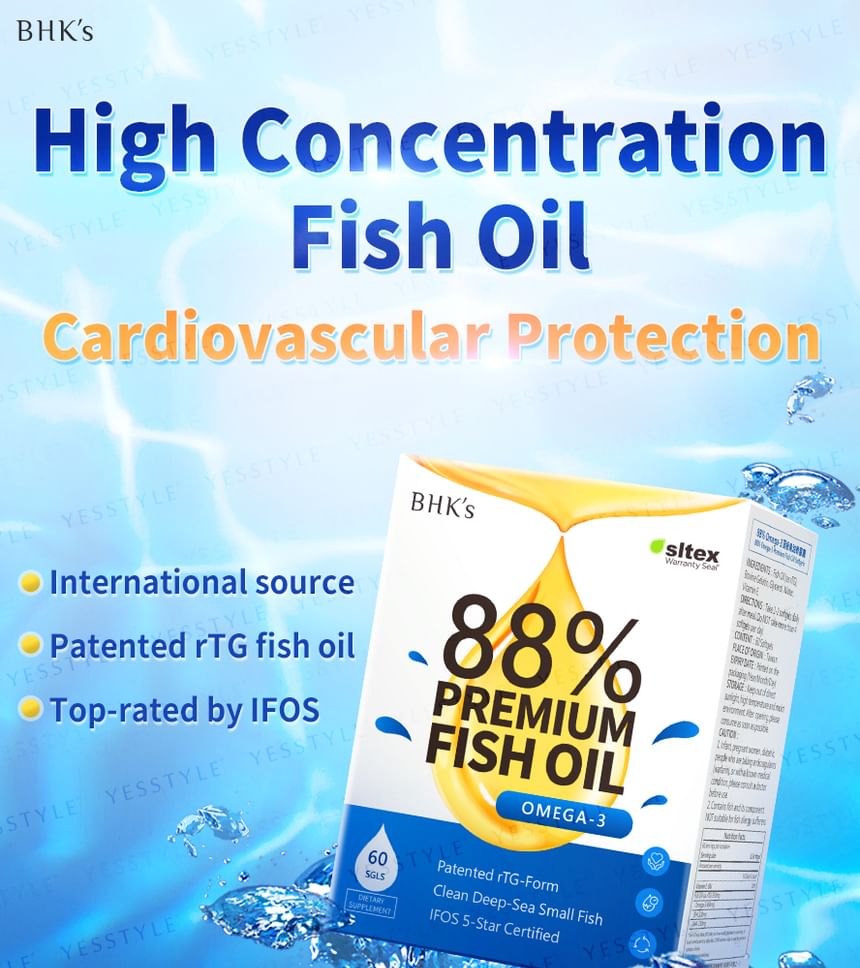 BHK’s - 88% Omega-3 Premium Fish Oil Softgels, 60 softgels, 280 g, 4713051524857