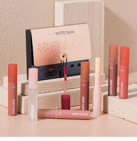 BEAUTY GLAZED - Set of 8: Matte Liquid Lipstick + Lip Oil + Lip Balm, B100 - 15g, 138 g, 6923263734038