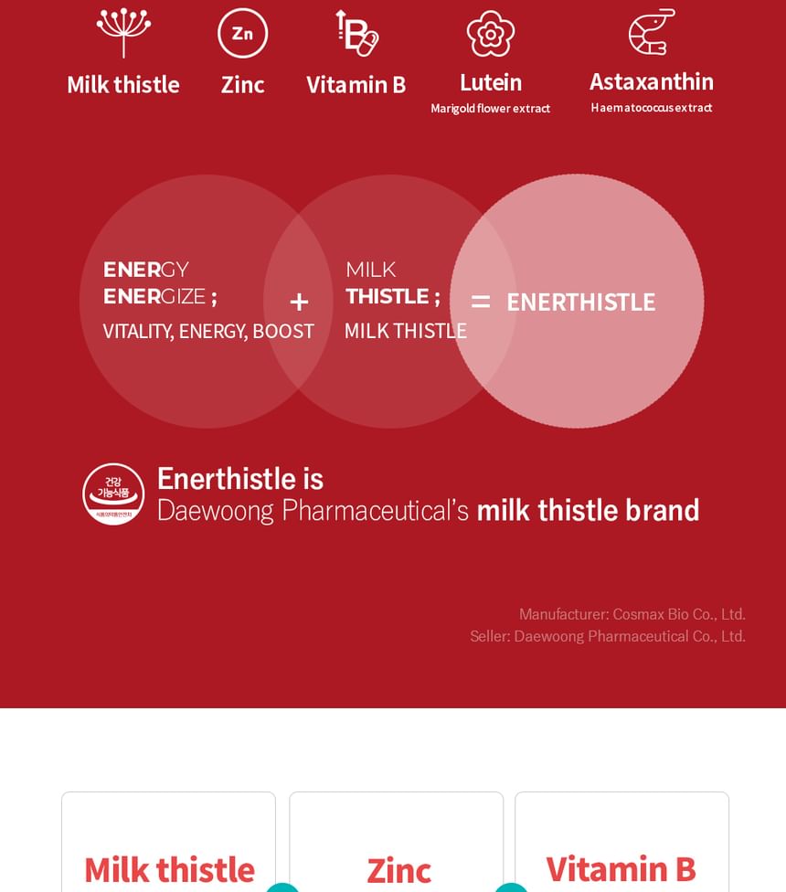 DAEWOONG - Enerthistle Milk Thistle Lutein Astaxanthin, 800mg x 30 capsules, 66 g, 8806129220921
