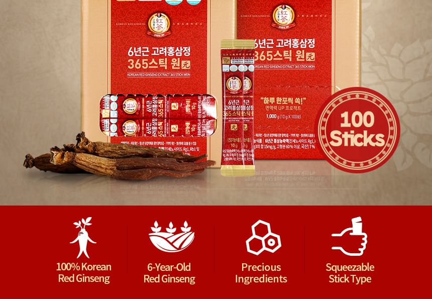 JUNGWONSAM - Korean Red Ginseng Extract 365 Stick Won, 10g x 100 sticks, 1250 g, 8809118592986