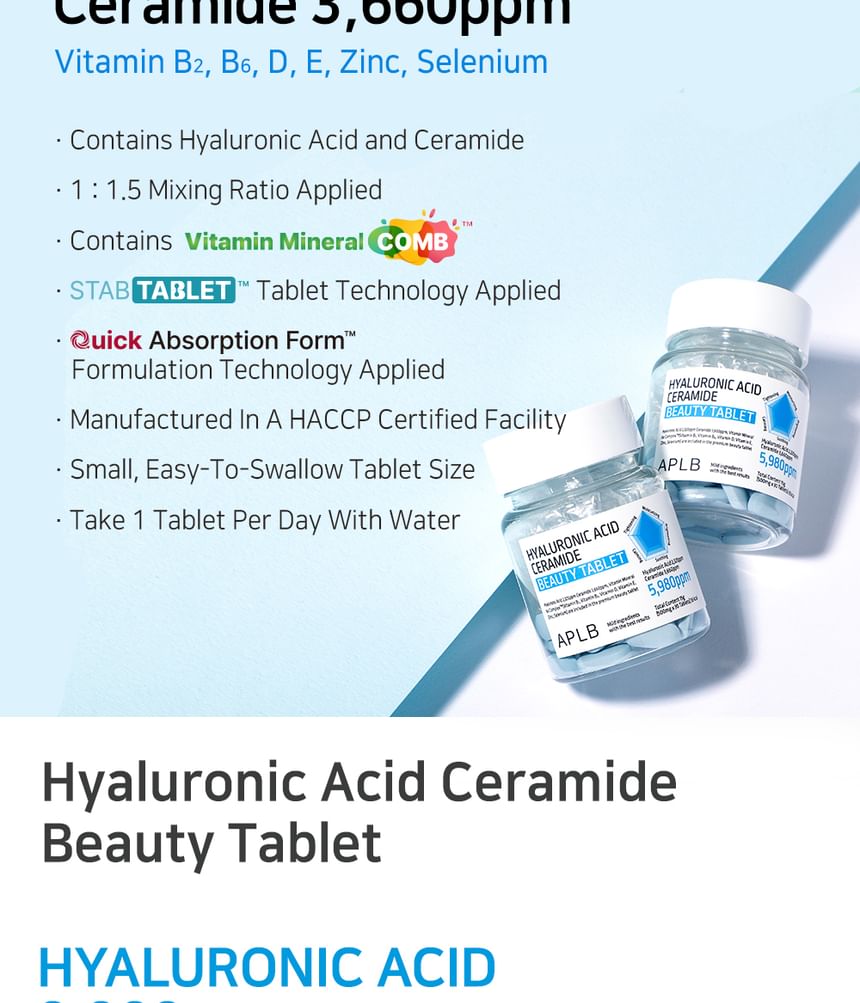 APLB - Hyaluronic Acid Ceramide Beauty Tablet, 500mg x 30 tablets, 51 g, 8809874684352