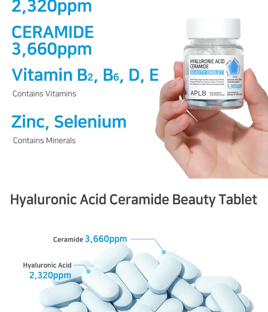 APLB - Hyaluronic Acid Ceramide Beauty Tablet, 500mg x 30 tablets, 51 g, 8809874684352