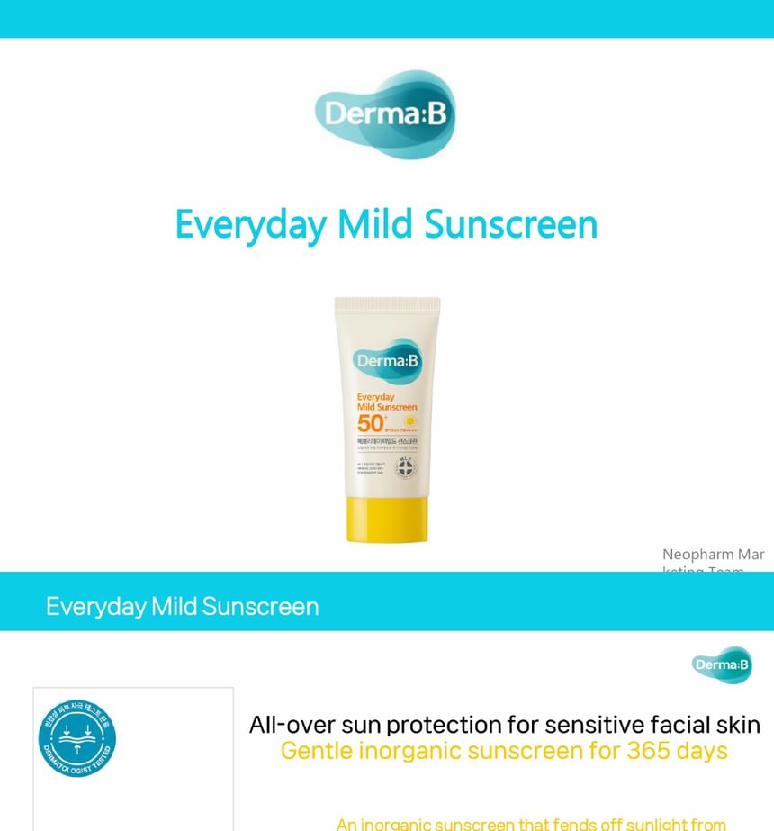 Derma: B - Everyday Mild Sunscreen, 50ml, 78 g, 8809911691596