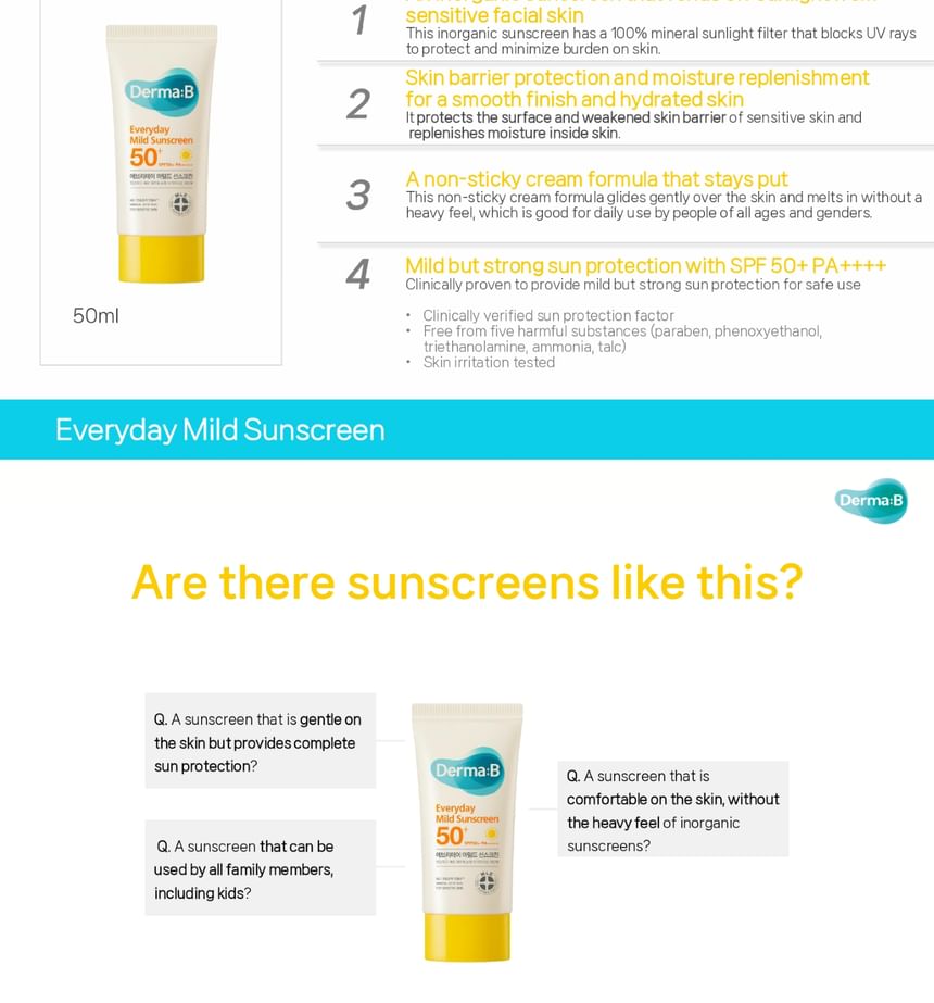 Derma: B - Everyday Mild Sunscreen, 50ml, 78 g, 8809911691596